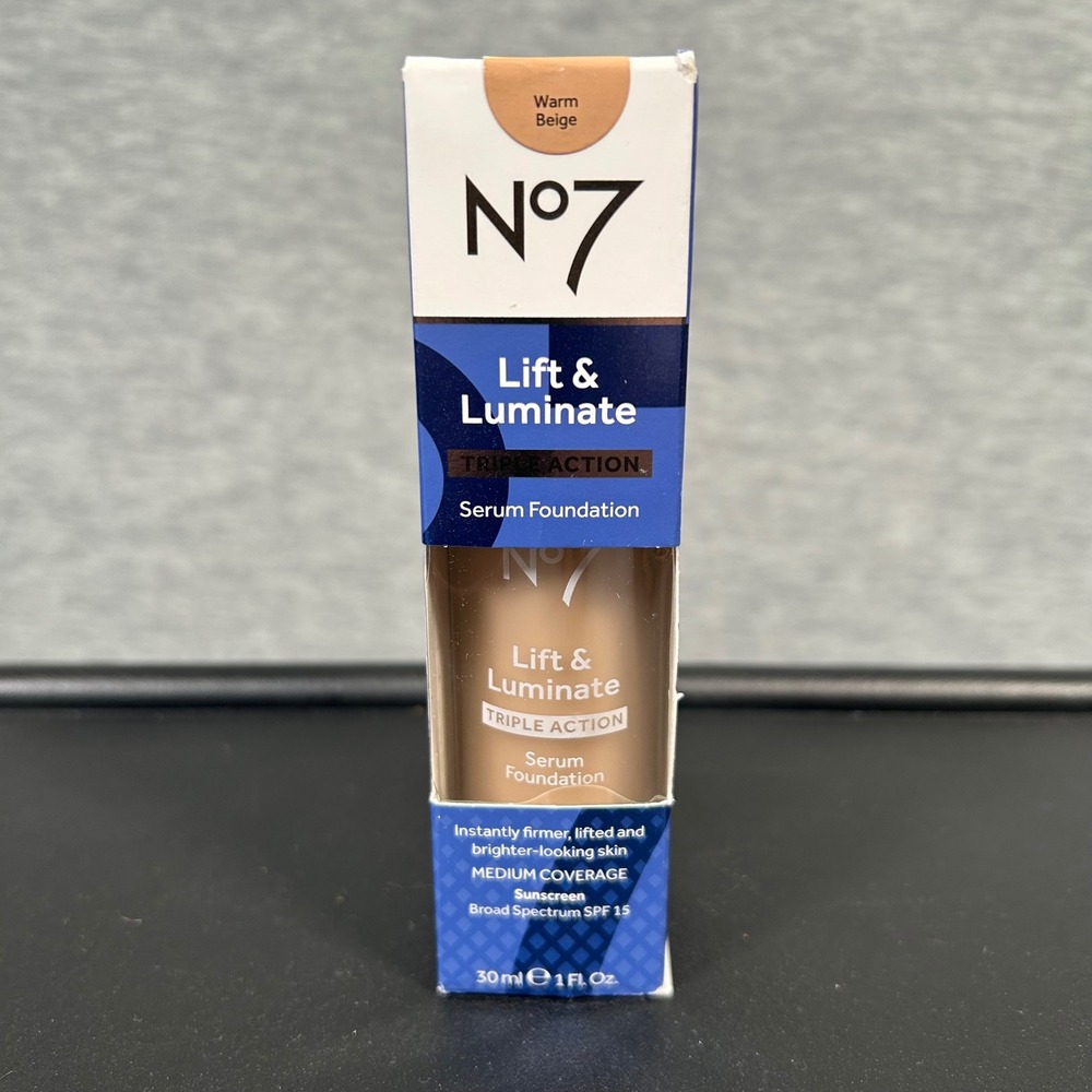 No7 Lift & Luminate Serum Foundation 1oz Warm Beige SPF 15 Glow Exp 3/2028 NEW